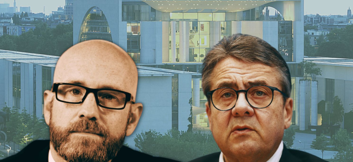 Fotokollage: Im Vordergrund Sigmar Gabriel und Peter Tauber, im Hintergrund das Bundeskanzleramt
