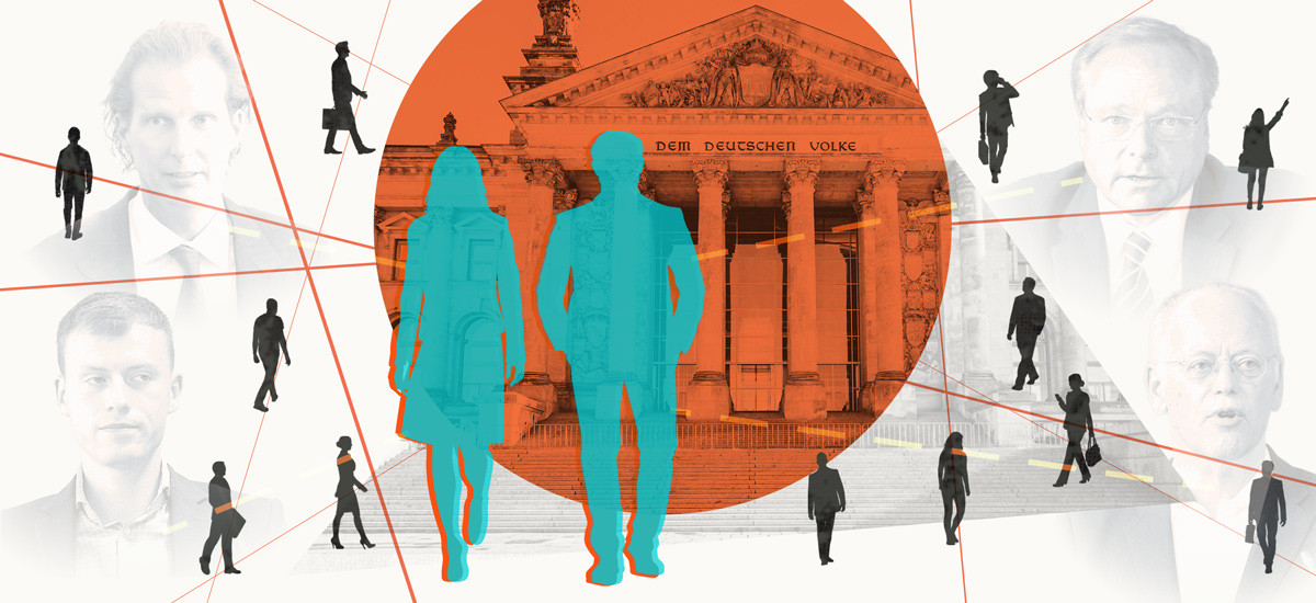 Illustration von zwei Lobbyist:innen, die den Bundestag betreten