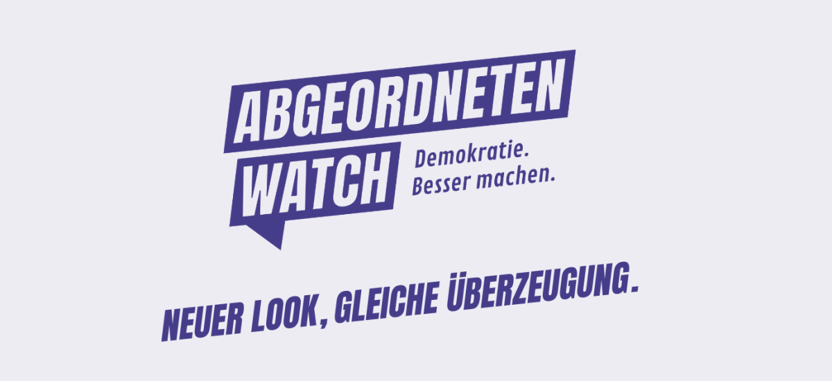 abgeordnetenwatch Logo und Claim: Demokratie. Besser machen. Zusätzlich der Text: Neuer Lokk, gleiche Überzeugung.