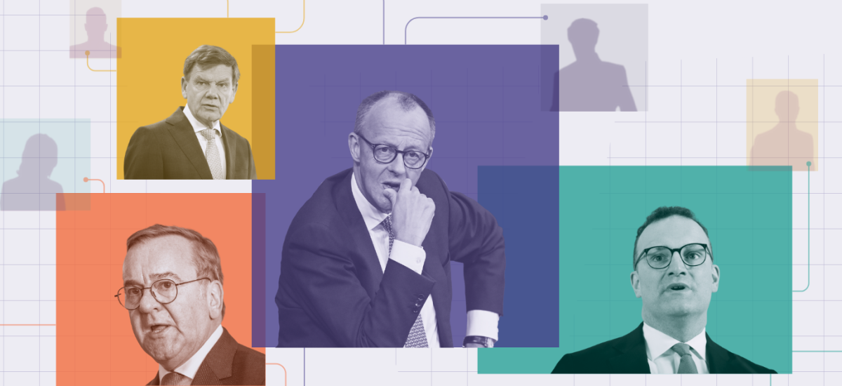 Linien zeigen Verbindungen zwischen den Politikern Merz, Wadephul, Pistorius und Spahn und Silhouetten von Menschen