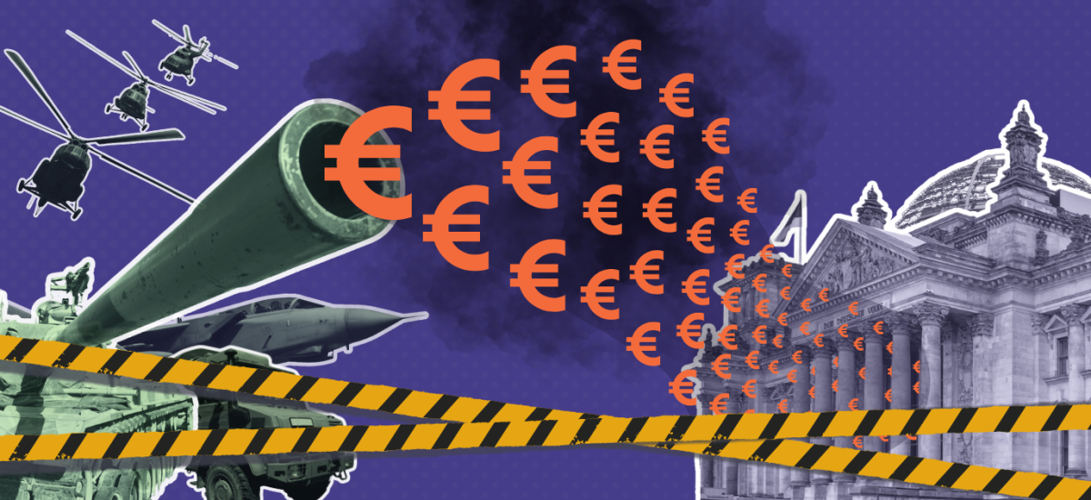 Eine Collage die links im Bild Produkte von Rüstungsunternehmen zeigt: Hubschrauber, Kampfjet, Panzer. Aus dem Panzerrohr kommen Euro-Zeichen, die sich ins Reichstagsgebäude bewegen, das rechts im Bild ist; im Vordergrund ein sich überkreuzendes Absperrband