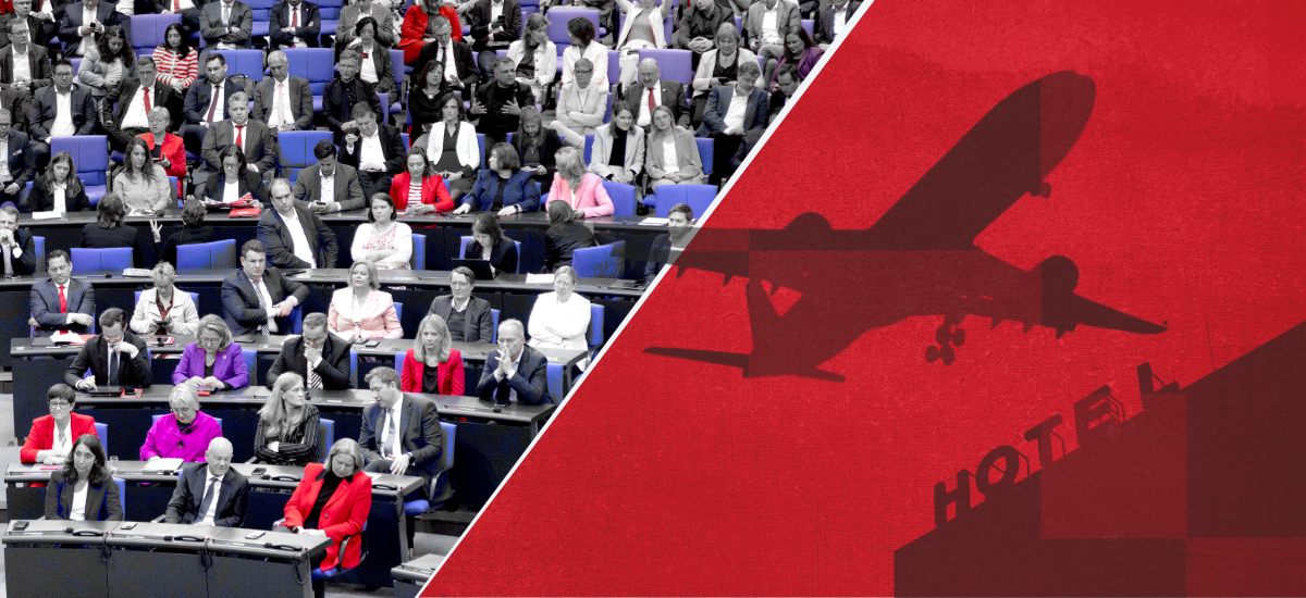 Das Bild zeigt eine Collage aus einem Foto aus dem Bundestag und rot eingefärbten Silhouetten von Flugzeug und Hotel