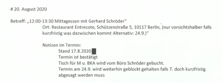 Vermerk des Finanzministeriums zu Scholz-Mittagessen mit Gerhard Schröder am 20. August 2020