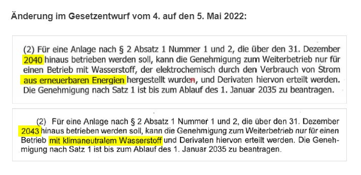 Änderungen der Entwürfe vom 4. und 5. Mai 2022: Aus dem Jahr 2040 wird 2043, aus Wasserstoff aus erneuerbaren Energien wird "klimaneutraler" Wasserstoff.