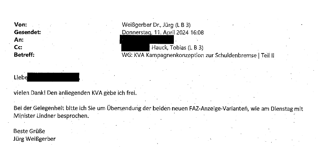 Screenshot der Mail vom 11. April 2024 aus dem BMF an die Agentur.