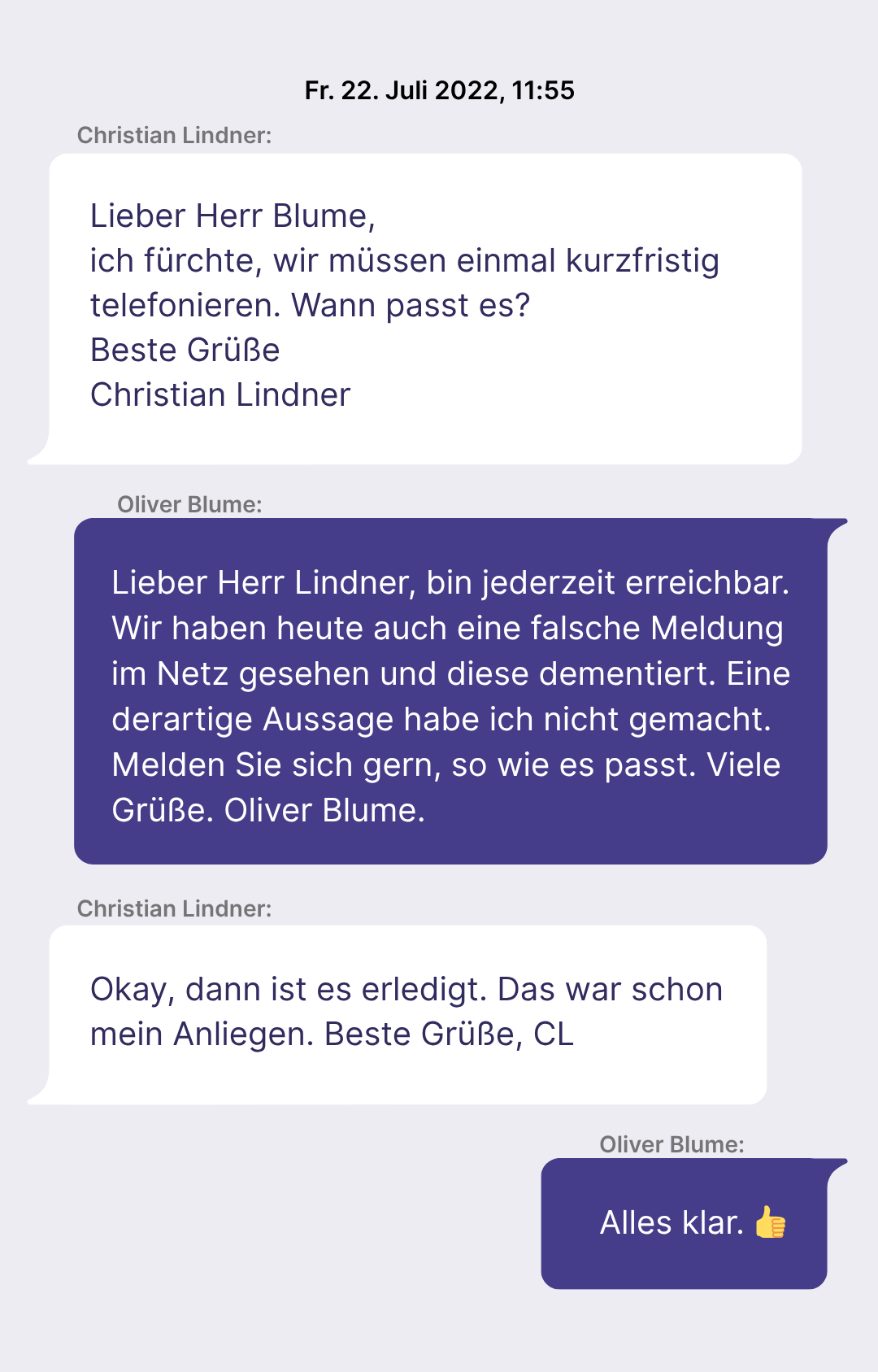 Austausch zwischen Lindner und Blume am 22. Juli 2022 - Inhalt siehe Volltext, der unterhalb der Grafik im Artikel eingebunden ist