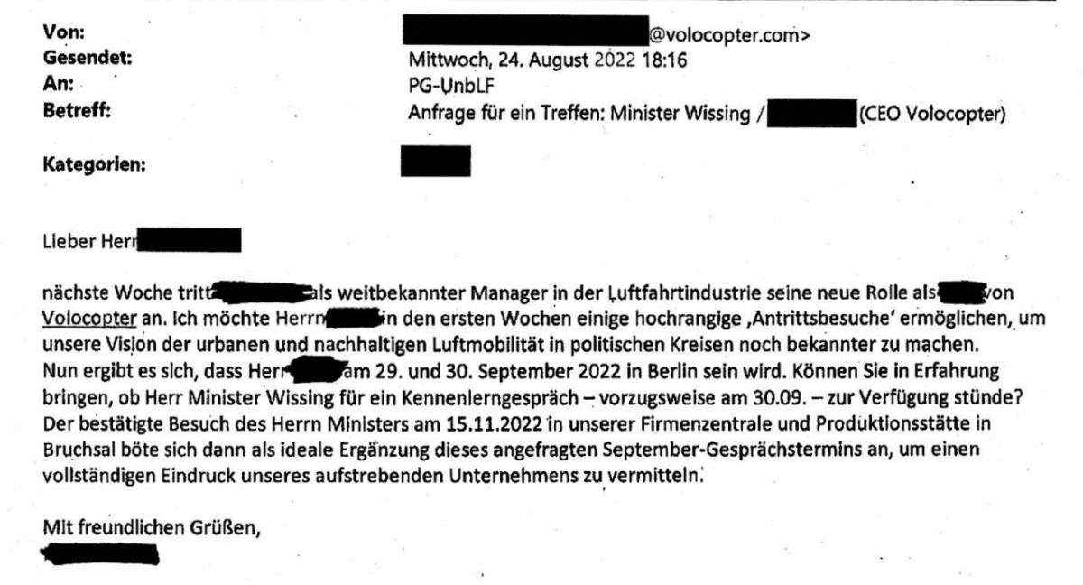 Lobbyschreiben Volocopter an das Verkehrsministerium