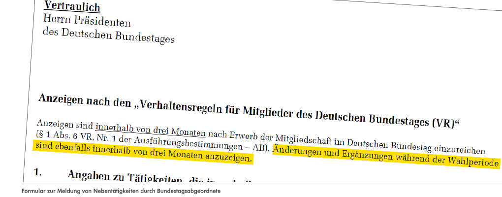 Ausriss Formular zur Meldung von Nebeneinkünften beim Bundestagspräsidenten