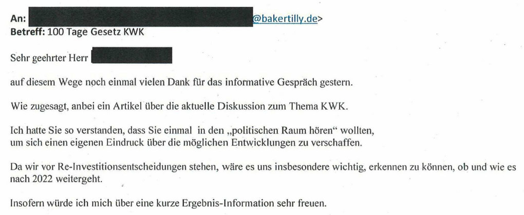 Mail vom 8. August 2018 an die Beratungsgesellschaft Baker Tilly