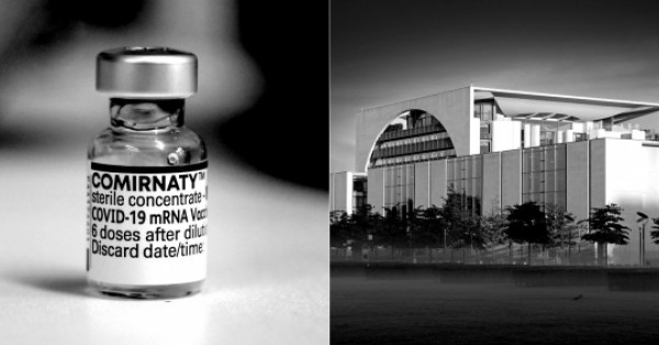 Collage mit Foto von Biontech-Impfstoff (links) und Bundeskanzleramt (rechts)
