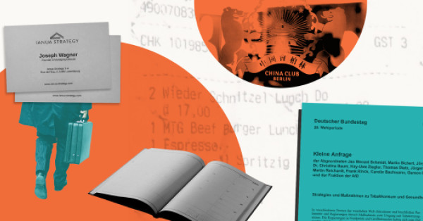 Collage mit Visitenkarten, einem anonymen Geschäftsmann, einem China Club Logo auf einer Tür, einem Kalender, einer kleinen Anfage der AfD und einer Quittung aus einem Restaurant im Hintergrung