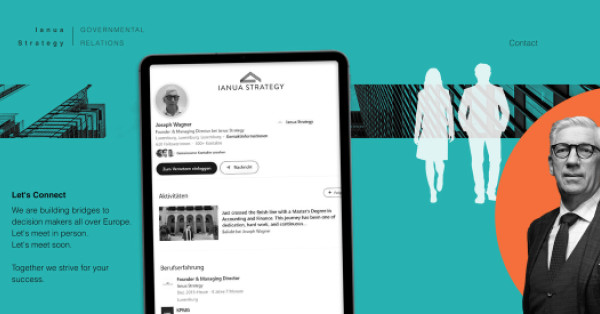 Collage aus fiktiver Lobbyagentur-Website, falschem LinkedIn-Profil und einem Foto des Schauspielers, der den Agentur-Chef spielt