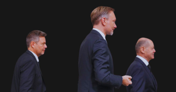 Robert Habeck, Christian Lindner und Olaf Scholz vor schwarzem Hintergrund