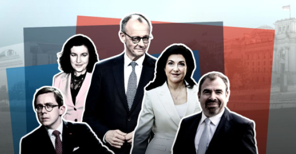 Collage mit den Regierungsmitglieder Friedrich Merz, Katherina Reiche, Florian Hahn, Dorothee Bär und Philipp Amthor