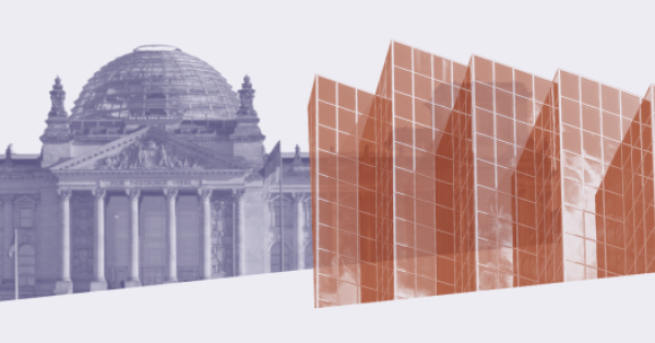 links das Bundestagsgebäude, rechts ein Bürogebäude mit Glasfassade