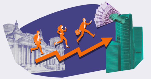Drei Menschen eilen aus dem Bundestag in Richtung von Hochhäuser, gelockt von Geld