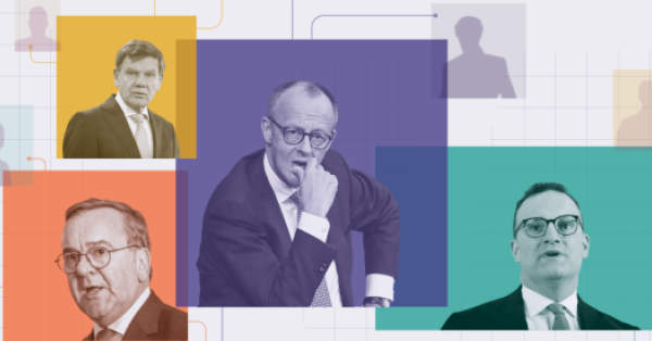 Linien zeigen Verbindungen zwischen den Politikern Merz, Wadephul, Pistorius und Spahn und Silhouetten von Menschen