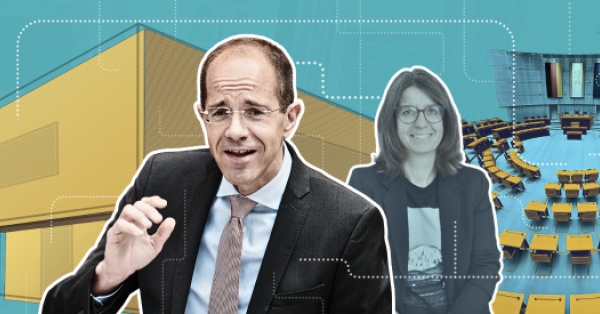 Im Vordergrund ist Politiker Christian Gräff, hinter ihm, etwas weniger im Fokus, ist Bezirksbürgermeisterin Nadja Zivkovic. Links ist eine Grafik vom Haus der Zukunft, rechts ein Bild des Berliner Abgeordnetenhauses. Leichte Linien, die ein Netzwerk darstellen, durchziehen das Bild.