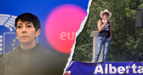 Das Bild ist zweigeteilt. Links ist Christine Anderson im Portrait im EU-Parlament zu sehen. Rechts steht sie in Freizeitkleidung und Cowboy-Hut auf einer Bühne.