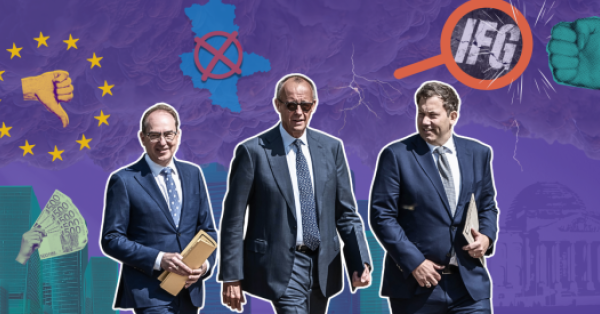 Collage zum Ende der politischen Sommerpause: Alexander Dobrindt, Friedrich Merz und Lars Klingbeil vor dunklen Wolken; Symbole verweisen auf EU-Kritik an Deutschlands Regeln zur Vermögenstransparenz, den AfD-Wahlsieg in Sachsen-Anhalt und den Angriff auf das Informationsfreiheitsgesetz. picture alliance/dpa | Michael Kappeler