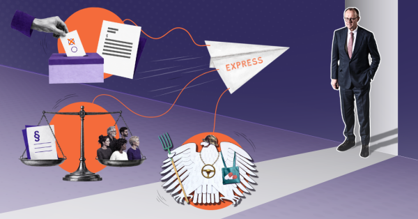 Collage zum Eil-Appell an Bundeskanzler Friedrich Merz: Ein Express-Papierflieger transportiert Symbole für Lobby-Fußabdruck, Vetorecht und Belastungscheck zu Merz.