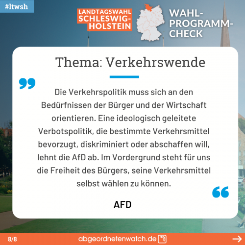 Die AfD in ihrem Wahlprogramm zur Landtagswahl 2022 in Schleswig-Holstein zum Thema Verkehrswende