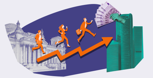 Von der Macht zum Geld - jetzt Lobbysprünge stoppen Drei Menschen eilen aus dem Bundestag in Richtung von Hochhäuser, gelockt von Geld