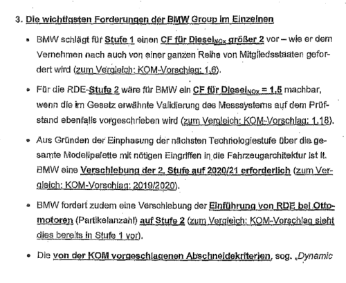 Ausriss aus BMW-Lobbyforderungen zu Abgasregeln