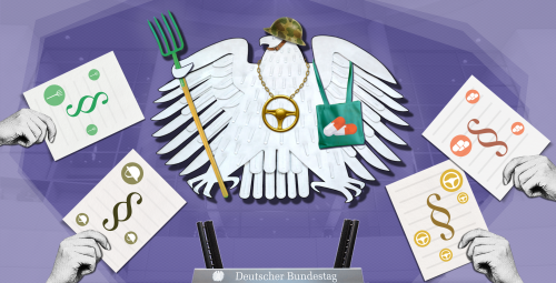 Lobbyspuren sichtbar machen Collage des Bundesadlers im Bundestags ist ausgestattet mit Merchandising-Artikeln verschiedener Lobbybranchen, Hände reichen Gesetzesvorschläge derselben Lobbyverbände an den Rednerpult