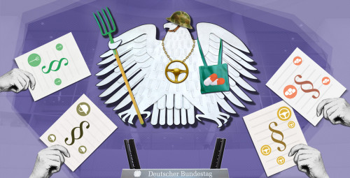 Collage des Bundesadlers im Bundestags ist ausgestattet mit Merchandising-Artikeln verschiedener Lobbybranchen, Hände reichen Gesetzesvorschläge derselben Lobbyverbände an den Rednerpult
