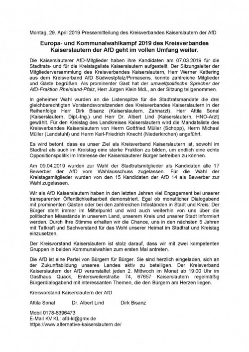 2019 Pressemitteilung des KV KL, dass wir in den Stadtrat und in den Kreistag KL kommen