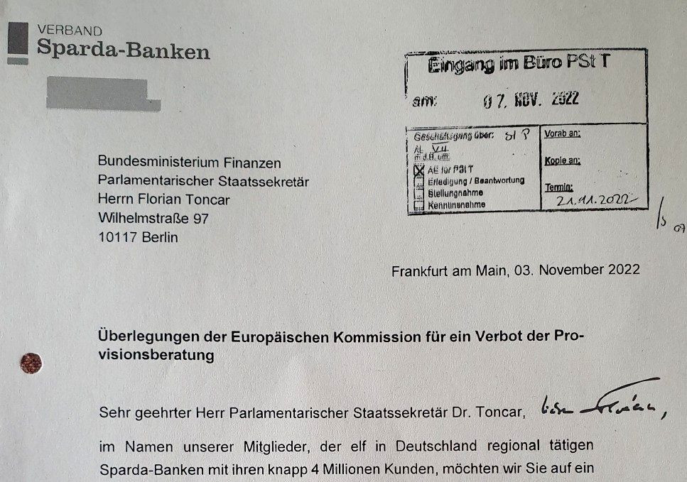 Ausriss des Lobbyscheibens vom Verband der Sparda-Banken vom 3. November 2022: "Sehr geehrter Herr Parlamentarischer Staatssekretär Dr. Toncar, lieber Florian"