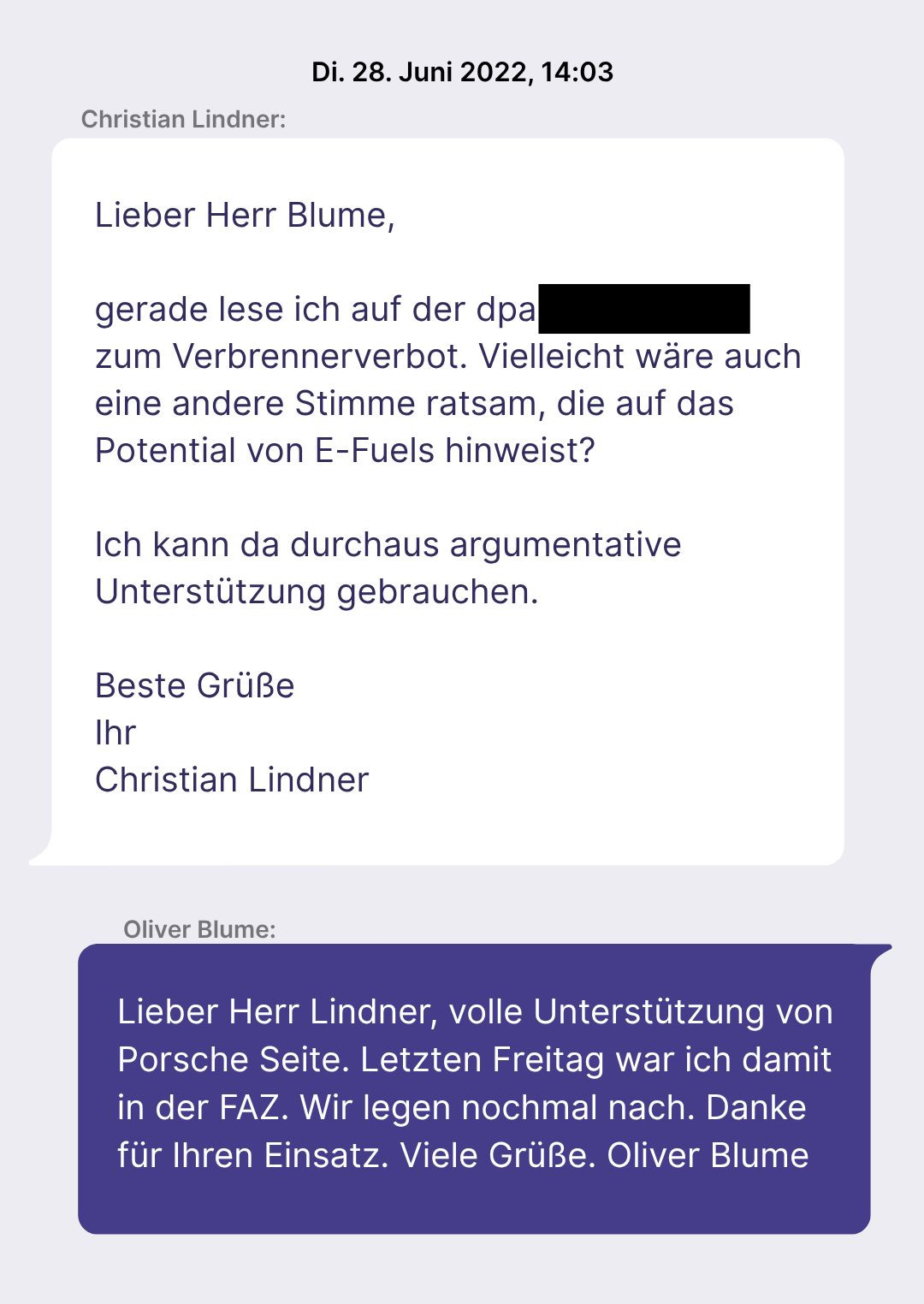 Zwei Textnachrichten zwischen Lindner und Blume vom 28. Juni 2022. Inhalt der SMS im Volltext unterhalb dieser Grafik