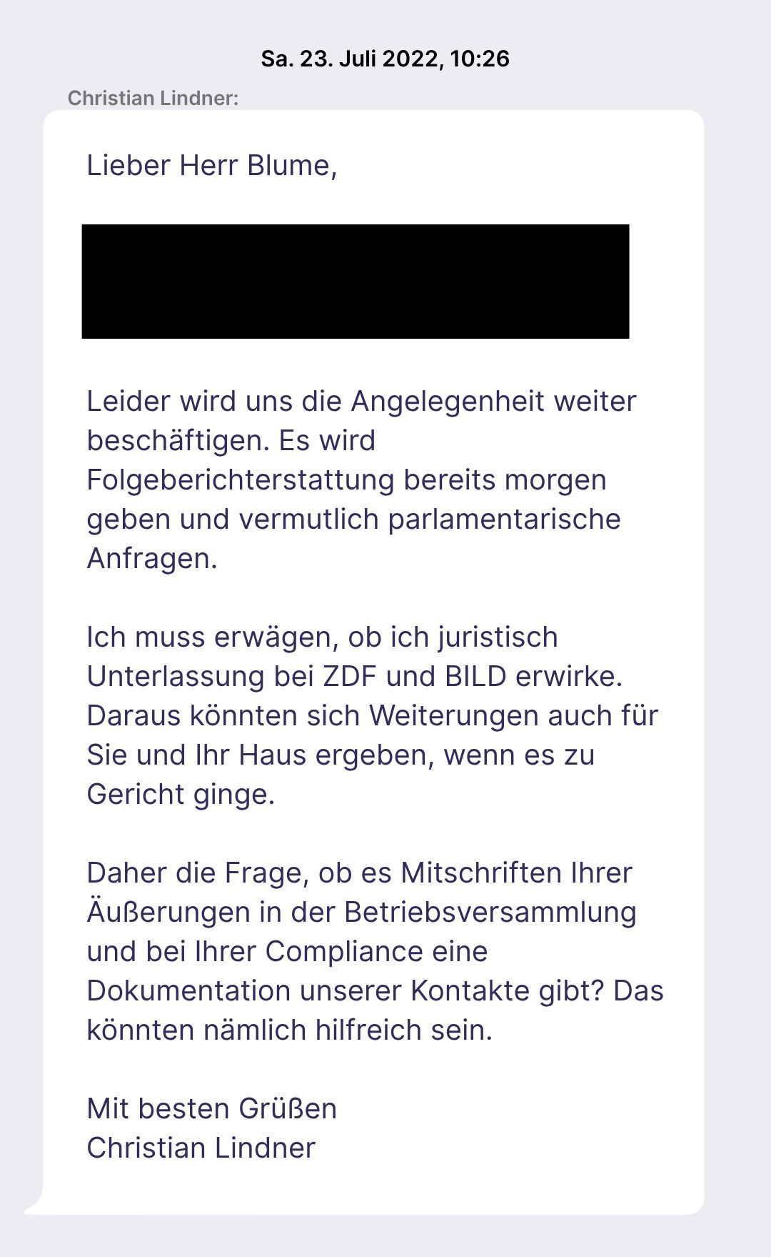 Nachricht von Lindner an Blume vom 23. Juli 2022 - Inhalt siehe Volltext, der unterhalb dieser Grafik im Artikel wiedergegeben ist.