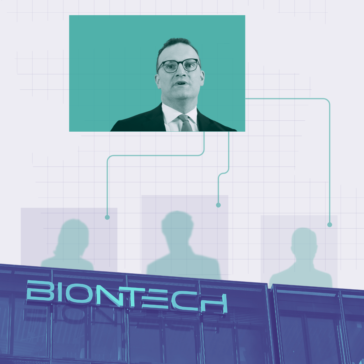 Linien zeigen Verbindungen zwischen Mitarbeitenden von BioNTech zu Jens Spahn
