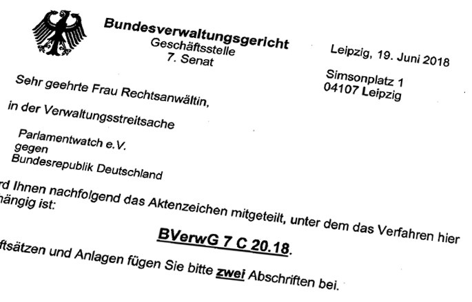 BVerwG-Schreiben zu Parteispenden-Klage