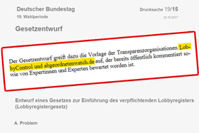 Gesetzentwurf zu Lobbyregister (Ausriss) Gesetzentwurf zu Lobbyregister (Ausriss)